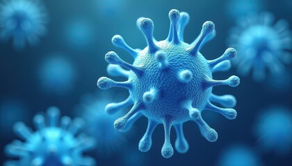 Fototapeta premium Close-up view of a virus cell depicted in blue hues on a blurred background.