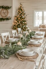 Elegant holiday dining setup with white plates and festive decorations in a cozy interior