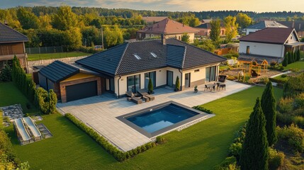 Aerial shot of a stylish modern home featuring a swimming pool, expansive patio, and meticulously landscaped garden in a peaceful suburban setting.
