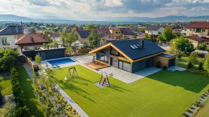 Aerial perspective of a modern suburban home surrounded by a lush garden, with a spacious patio and well-maintained landscaping.
