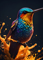 Fototapeta premium “Vivid Hummingbird Perched with Dynamic Splash of Orange Liquid - Colorful Nature Illustration”