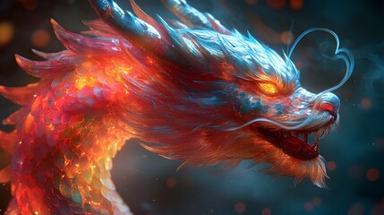 Auspicious Dragon with Neon Lights: A dragon depicted with neon lights and dynamic colors, reflecting modern prosperity and power