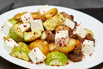 Roasted vegetable salad with feta cheese, seasoned with herbs and chili flakes for a flavorful bite
