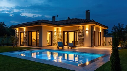 Elegant modern house with an illuminated swimming pool, glowing exterior lights, and a tranquil garden setting under the night sky.
