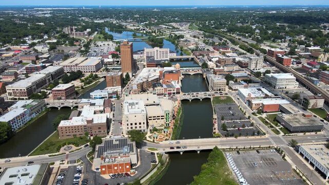 Aerial view of downtown Aurora IL, Chicago suburb  Orbit Right Day N