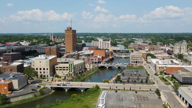 Aerial view of downtown Aurora IL, Chicago suburb Crane Up Right