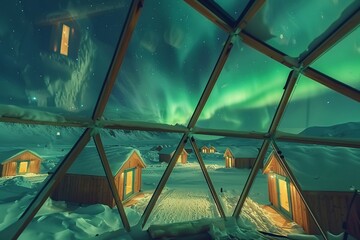 A magical aurora borealis seen through the windows of an igloo cabin in Finland Lapland. Good luck and happiness in this Arctic circle Christmas holiday adventure