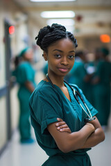 Fototapeta premium Portrait of young African American woman nurse or a doctor intern with colleagues. High quality photo