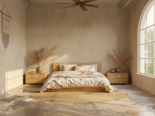 Rendering of a Mykonos hotel bedroom with a Greek Aegean design style.