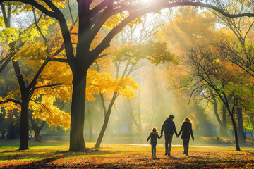 Family Morning Walk Through the Park with morning mist all around