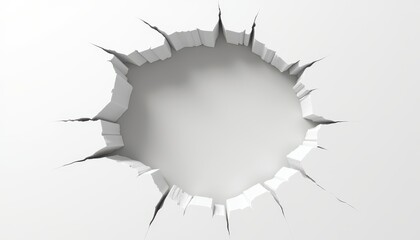 Fototapeta premium Large jagged hole in a white wall with sharp edges and debris.