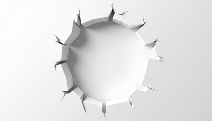 A large circular hole with jagged edges in a white wall, conveying impact or destruction.