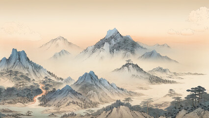 Hida Mountain Range - mountains, landscape, painting, nature, scenery, mist, fog, sky, clouds, peaks, traditional, art, serene, tranquil, horizon, wilderness, valley