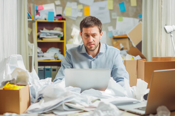 Frustrated tired man sitting at his working place in office with laptop and unorganized paperwork....