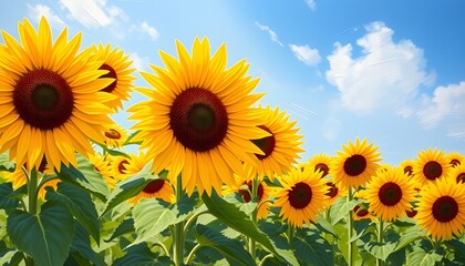 Close up of a sunflowers in the field with beautiful blue sky and clouds