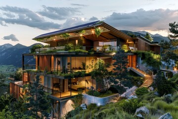 Obraz premium Hotel with solar panels, eco-friendly technology, created with generative AI