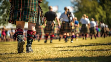 Fototapeta premium Groups of performers dressed in kilts are dancing on a grassy field during a lively outdoor festival.