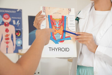 Female endocrinologist showing structure of thyroid gland to mature woman in clinic, closeup