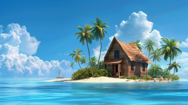 Illustration for cover, card, postcard, interior design, decor, print or poster depiction of a tropical island with bungalows and palm trees around a turquoise sea.