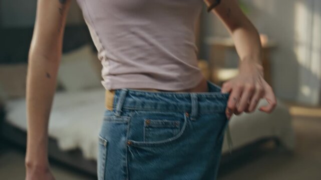 Hands fastening pants button closeup. Disappointed sad woman trying big jeans
