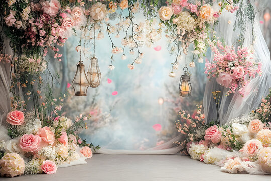 Maternity backdrop, wedding backdrop, photography background with delicate flowers and vintage wall.
