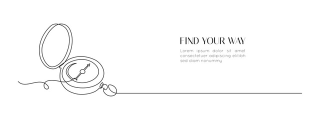 One continuous line drawing of traveller compass. Old navigate and adventure symbol in simple linear style. Business strategy and adventure concept in editable stroke. Banner vector illustration © Olga Rai