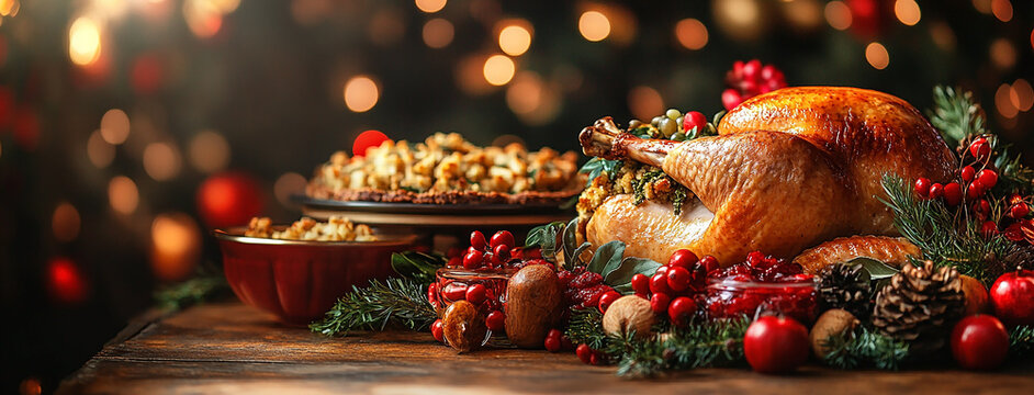 traditional thanksgiving dinner, food photo of bowls filled with thanks giving meal with roast turkey and other foods on a wooden table 