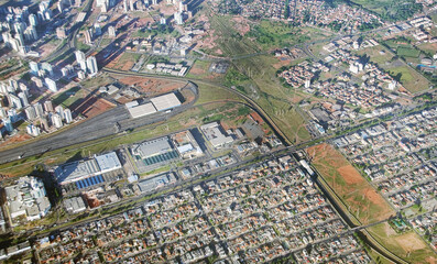 Aerial view of neighborhood of the peripheral towns of Brasília, Águas Claras and Taguatinga. Brazil, 2018