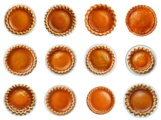 Twelve Whole Pumpkin Pies on White Plates