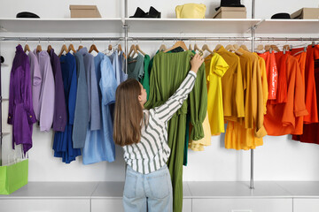 Female seller with green dress in clothing store, back view