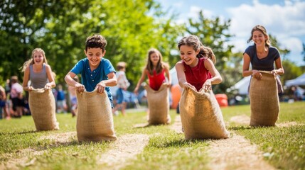 A group of children enthusiastically compete in a sack race, laughing and enjoying the sunny day in a park setting.
