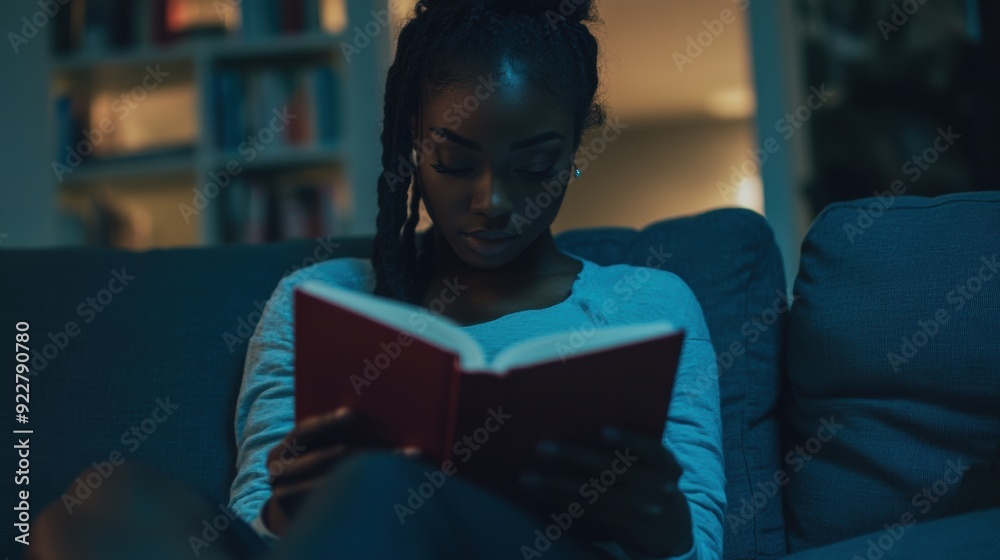 Wall mural A woman sitting on a couch reading an open book, AI