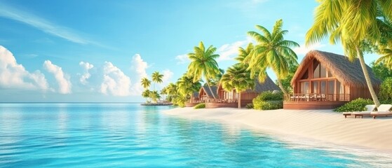 Fototapeta premium Tropical Beach Cabins with Palm Trees and Clear Water