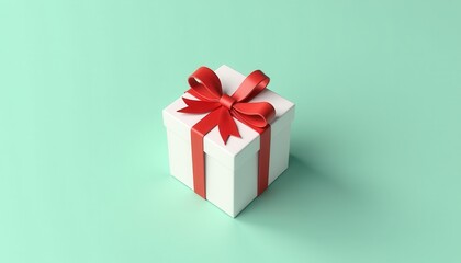 Fototapeta premium White gift box with red ribbon on pastel green background.