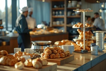 In front of the hotel buffet, a businessman is eating his breakfast