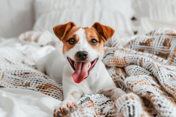 Pet friendly hotel or house room featuring a happy ginger mixed breed dog in a luxurious bedroom with bright colors and a king-size bed.