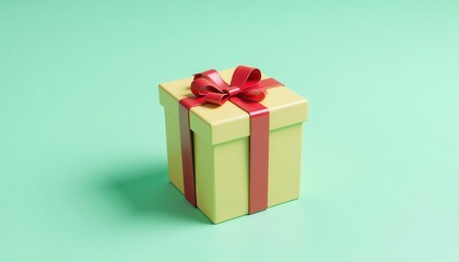 Colorful gift box wrapped with a red ribbon on a green background, perfect for celebrations.