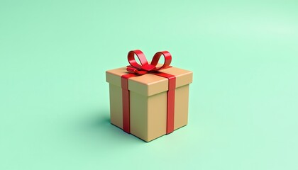 A neatly wrapped gift box with a red ribbon and bow against a mint green background.