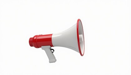 A red and white megaphone on a plain white background, symbolizing communication and announcements.