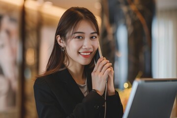 Fototapeta premium Young Asian woman hotel receptionist smiling standing, taking telephone call at a modern luxury reception counter while waiting for guests to get key cards in hotel.