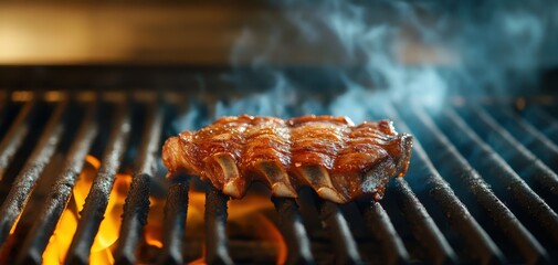 Juicy steak sizzling on a grill, smoke rising, showcasing the art of cooking meat. Perfect for food enthusiasts and culinary projects.