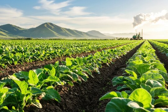 Lush green fields under a clear blue sky with distant mountains and a plume of smoke from an industrial backdrop.