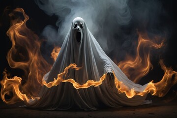 Ghost, Halloween, spooky, scary, horror, supernatural, apparition, specter, phantom, spirit, haunting, eerie, creepy, nightmare, costume, mask, sheet, white, flames, fire, smoke, dark, night, screamin