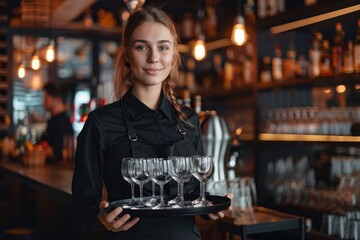 A waitress carries a whiskey glass on a tray in a hotel bar and restaurant. The concept of service. Shelves with bottles of alcohol are visible in the background.
