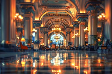 Obraz premium This is the lobby of a luxury hotel with carpets, furniture, and large pillars.