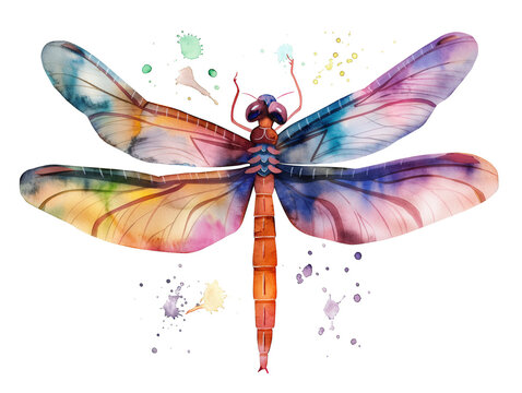 Watercolor dragonfly illustration on white