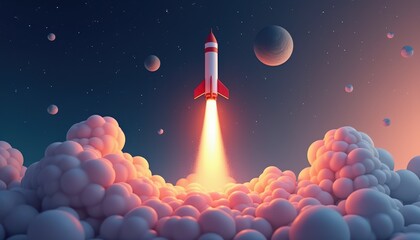 A red and white rocket launches into space surrounded by clouds and planets in a surreal, starry sky.