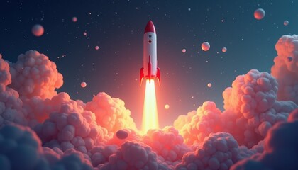 A vibrant rocket launches into a starry night sky, illuminating the fluffy clouds below.