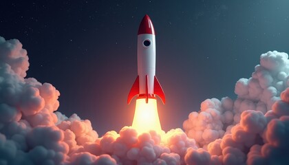 A rocket launching amid clouds with a glowing orange exhaust, heading into a starry night sky.