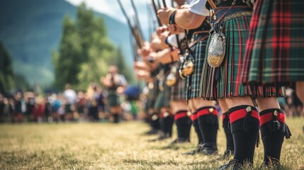 Participants in kilts stand in formation at a Scottish games event, showcasing their attire and tradition in a lively outdoor atmosphere.